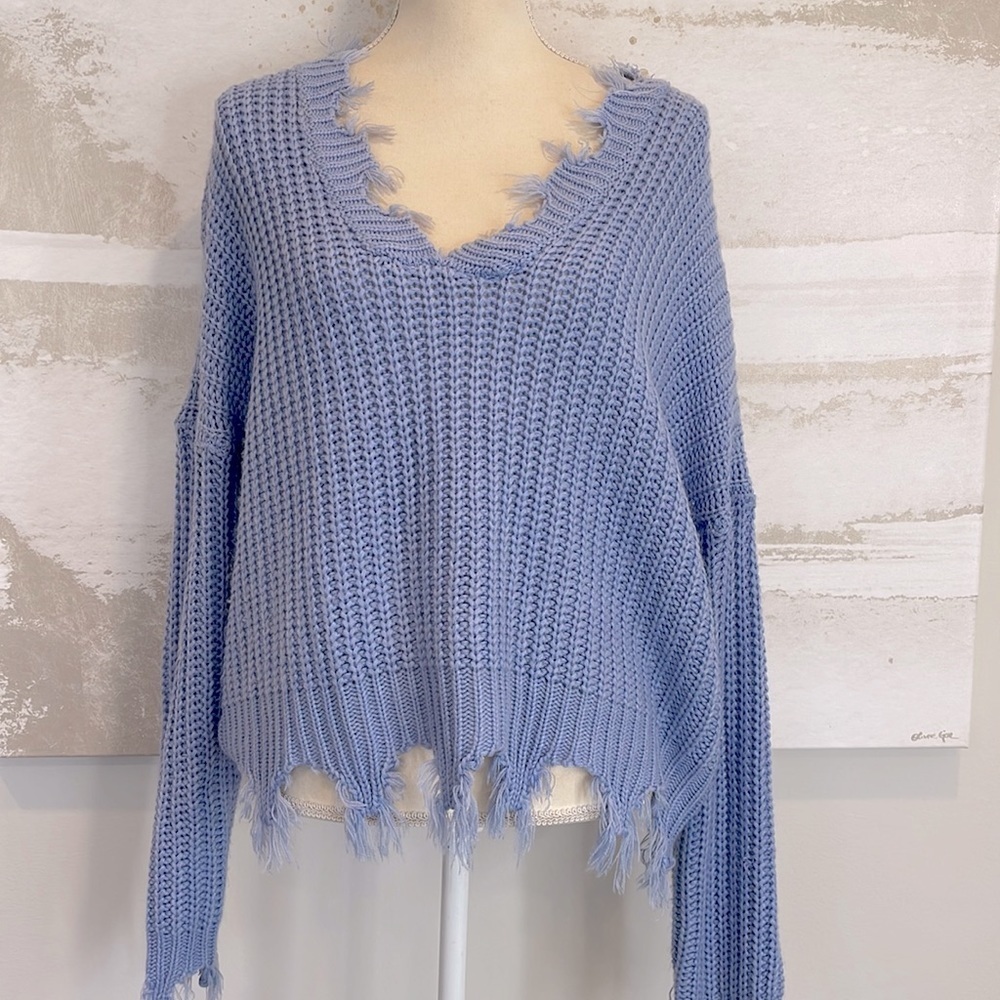Baby Blue Distressed Fringe V-Neck Sweater Boutique